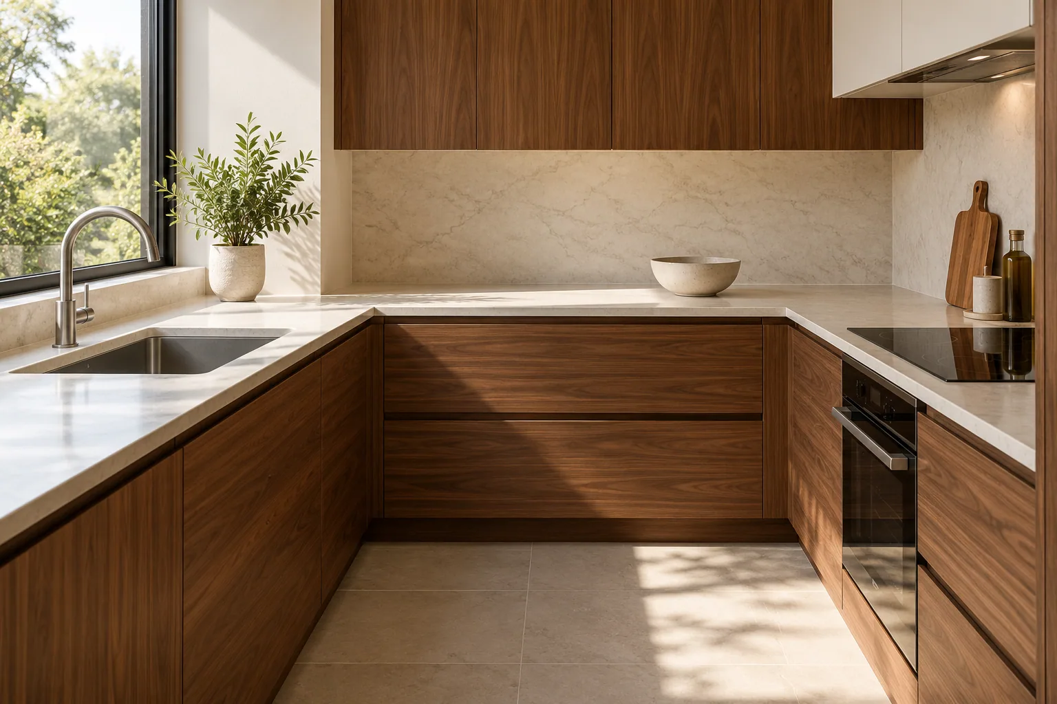 An illustrative kitchen layout with a sink, preparation space and hob.