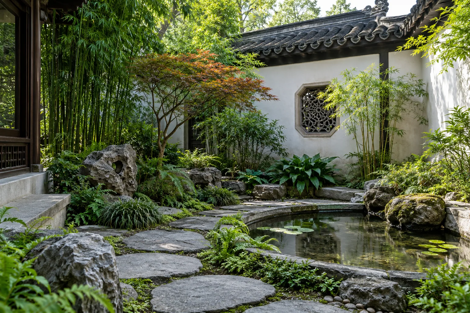 An illustrative courtyard with stepping stones, water and bamboo.