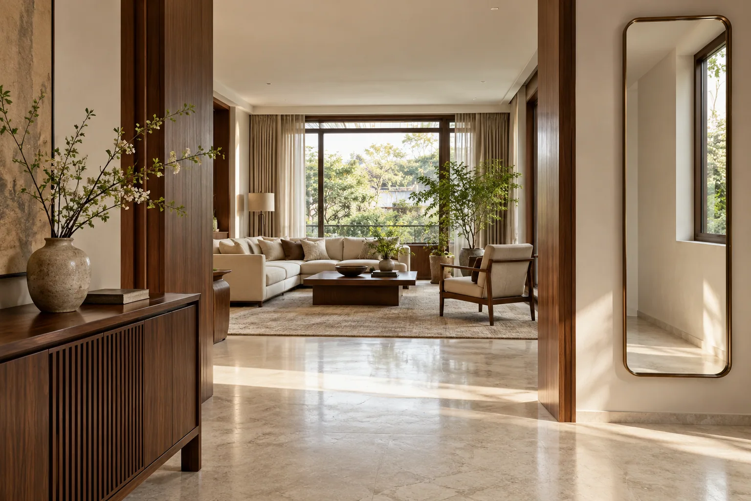 An illustrative entrance and living space showing circulation, a mirror and furniture placement.