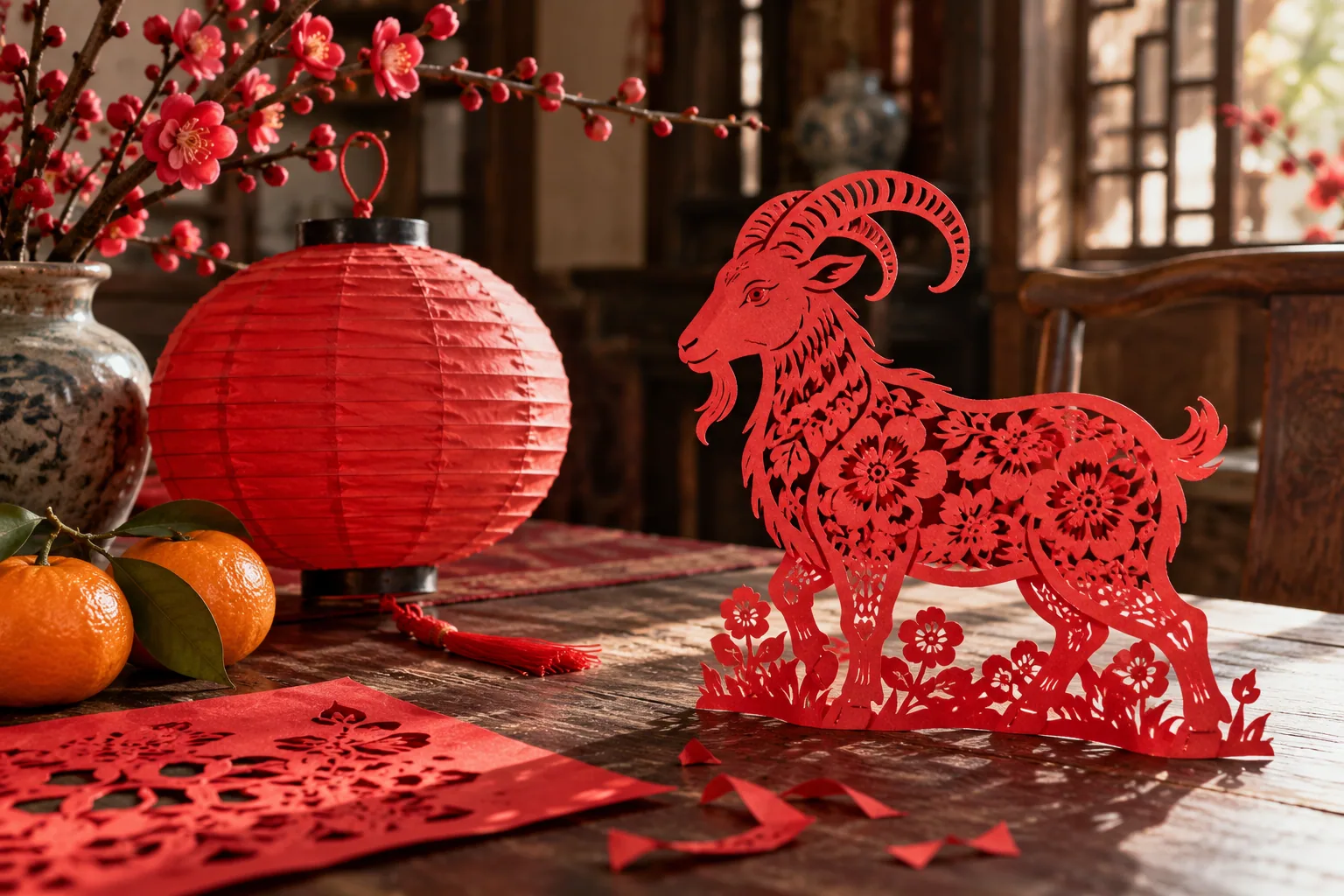 羊紋剪紙、紅燈籠與梅枝的新歲主題插圖。