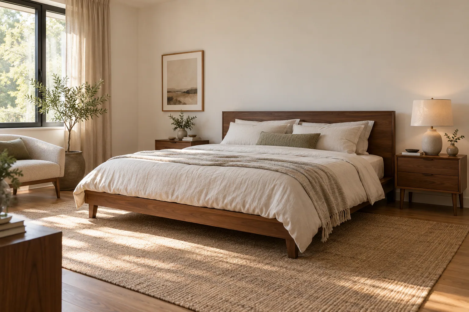 An illustrative bedroom layout showing the headboard, daylight and access on both sides.