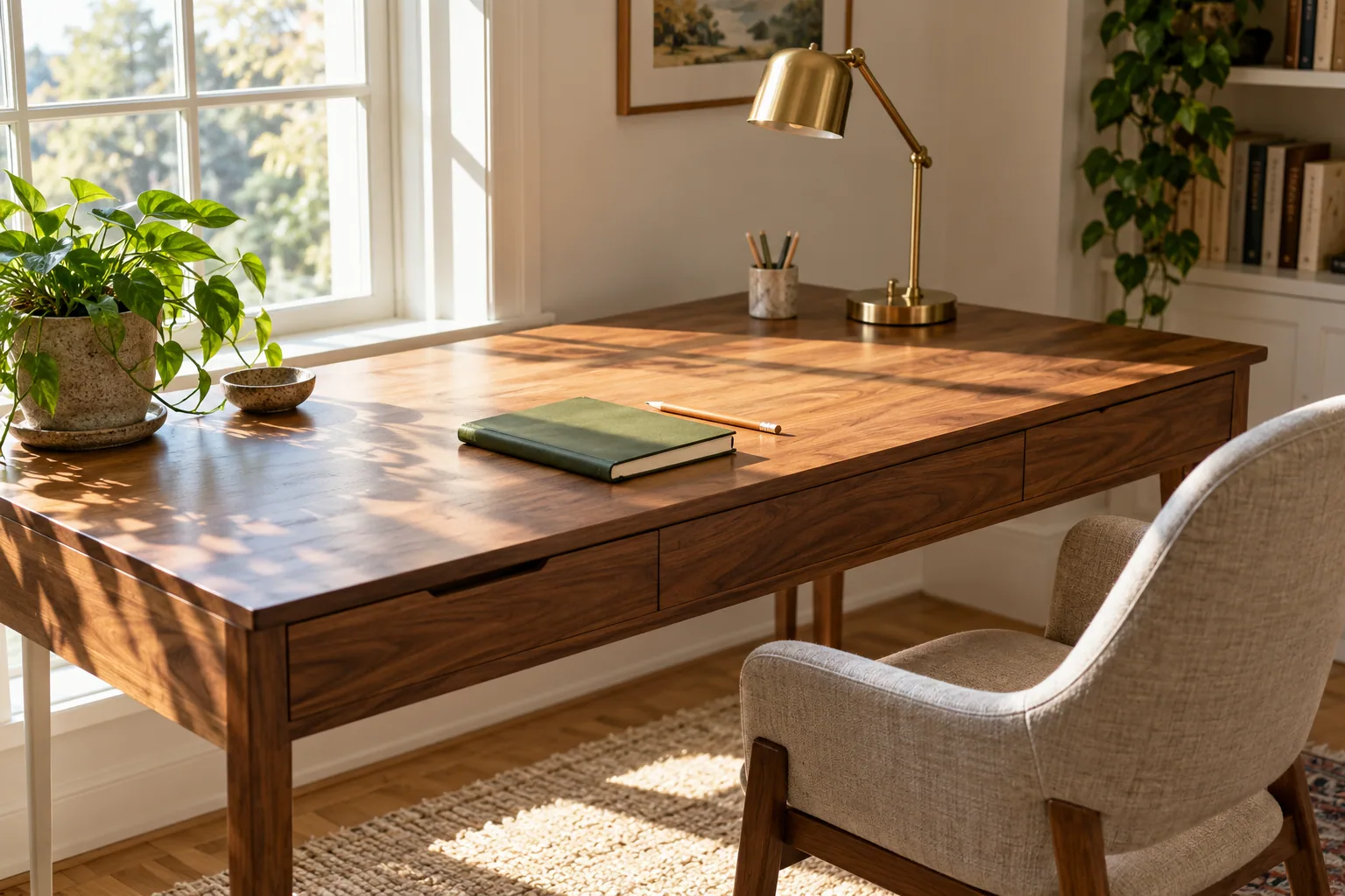 An illustrative study space with side lighting and a clear work surface.