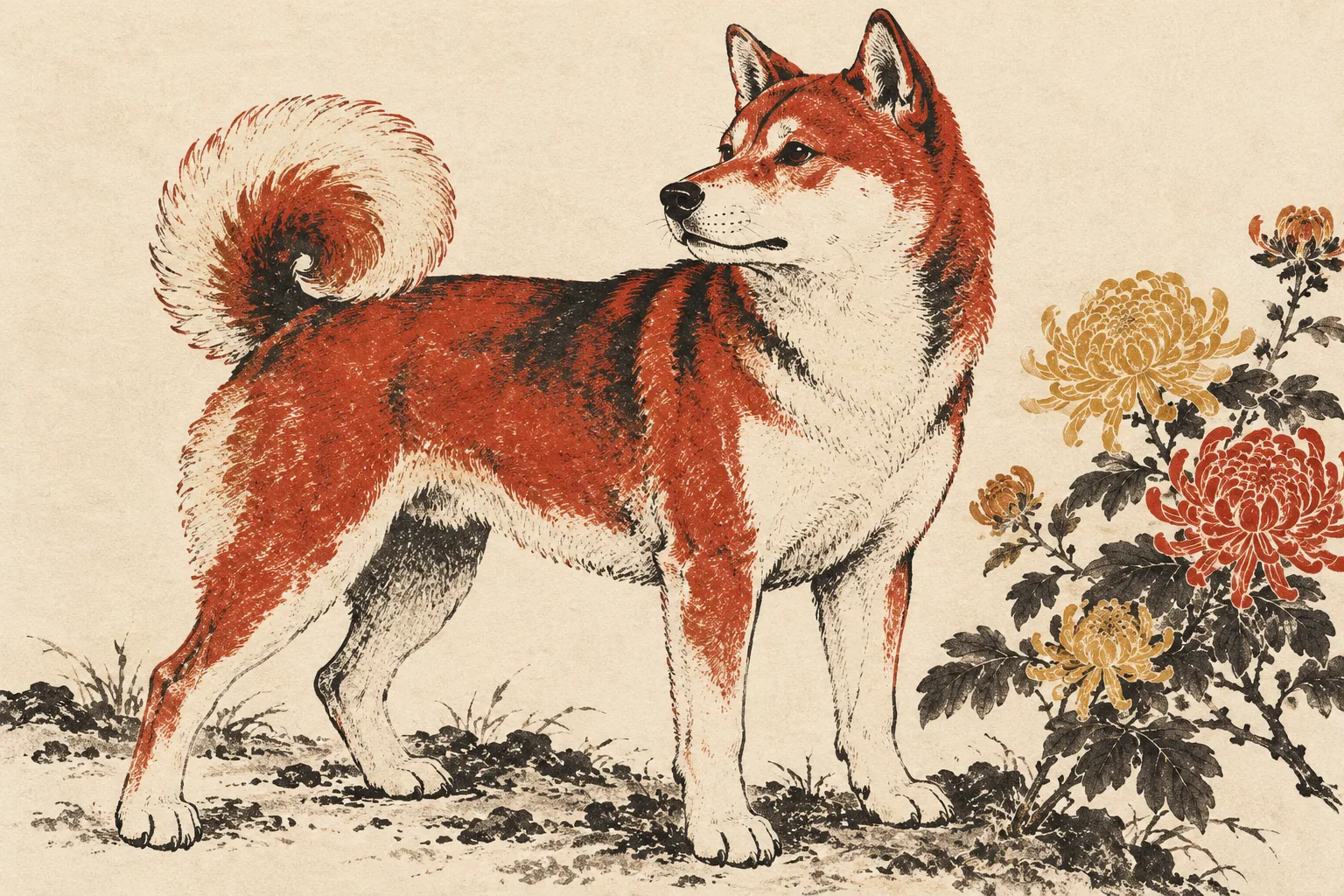 生肖狗的木刻風格插畫。