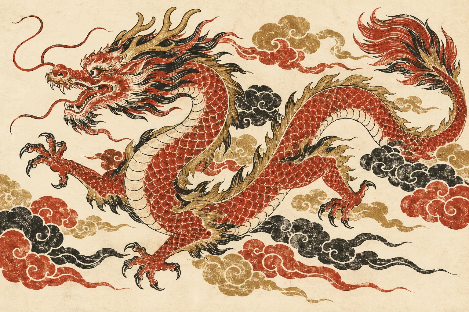 生肖龍的木刻風格插畫。