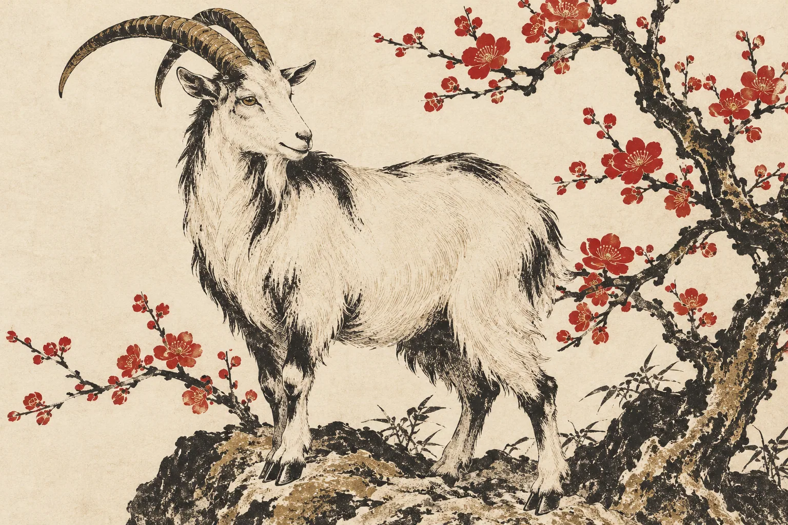 生肖羊的木刻風格插畫。