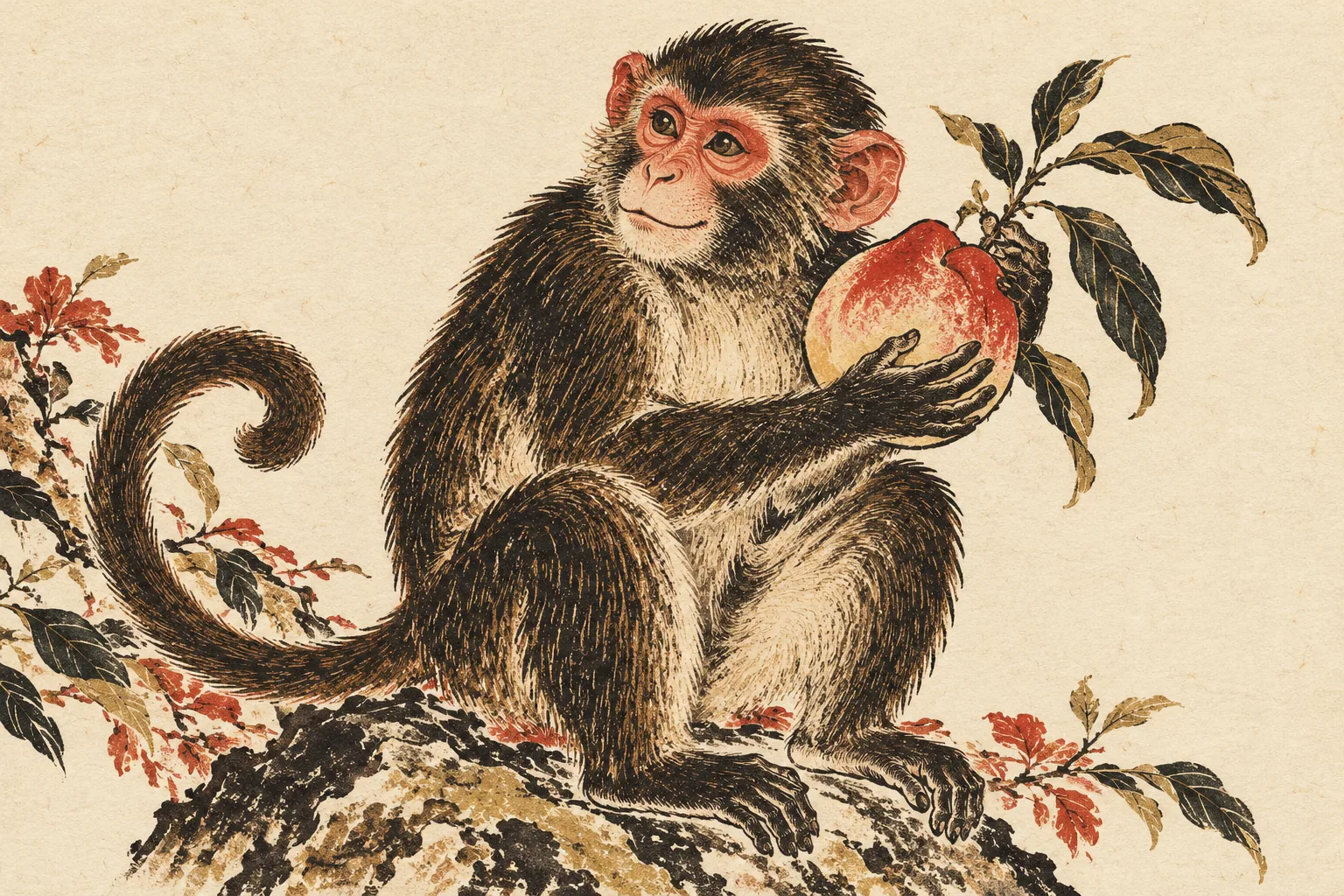 生肖猴的木刻風格插畫。
