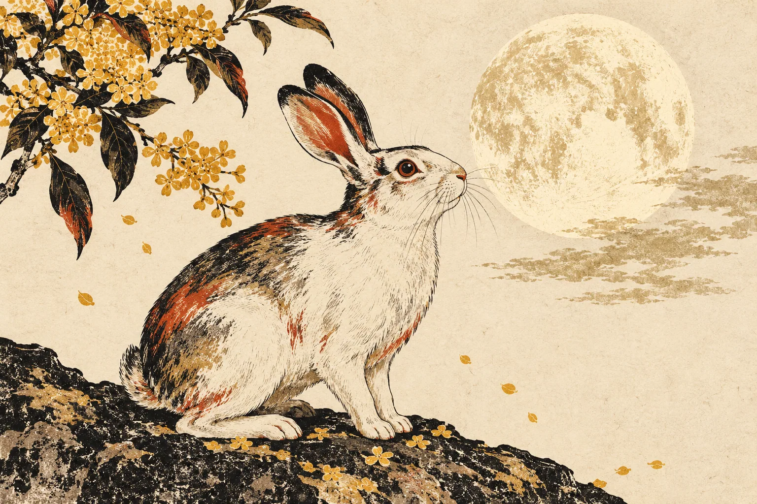 生肖兔的木刻風格插畫。