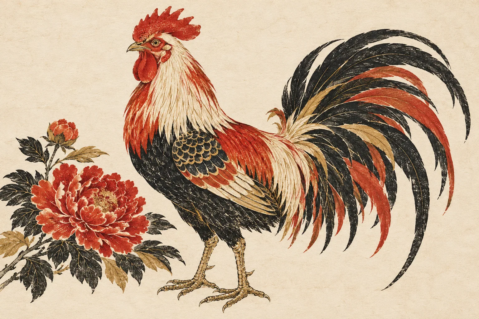 生肖雞的木刻風格插畫。