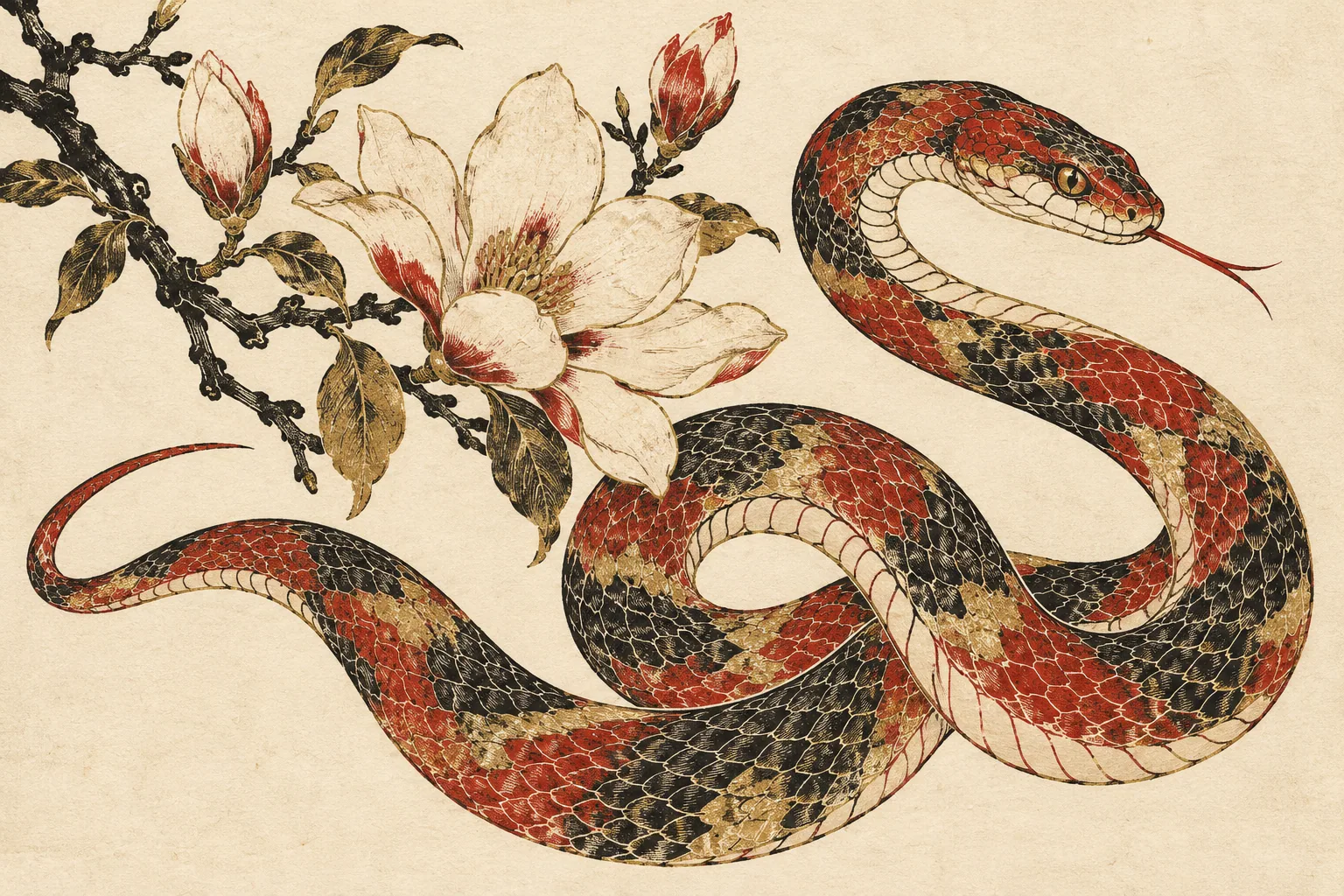 生肖蛇的木刻風格插畫。