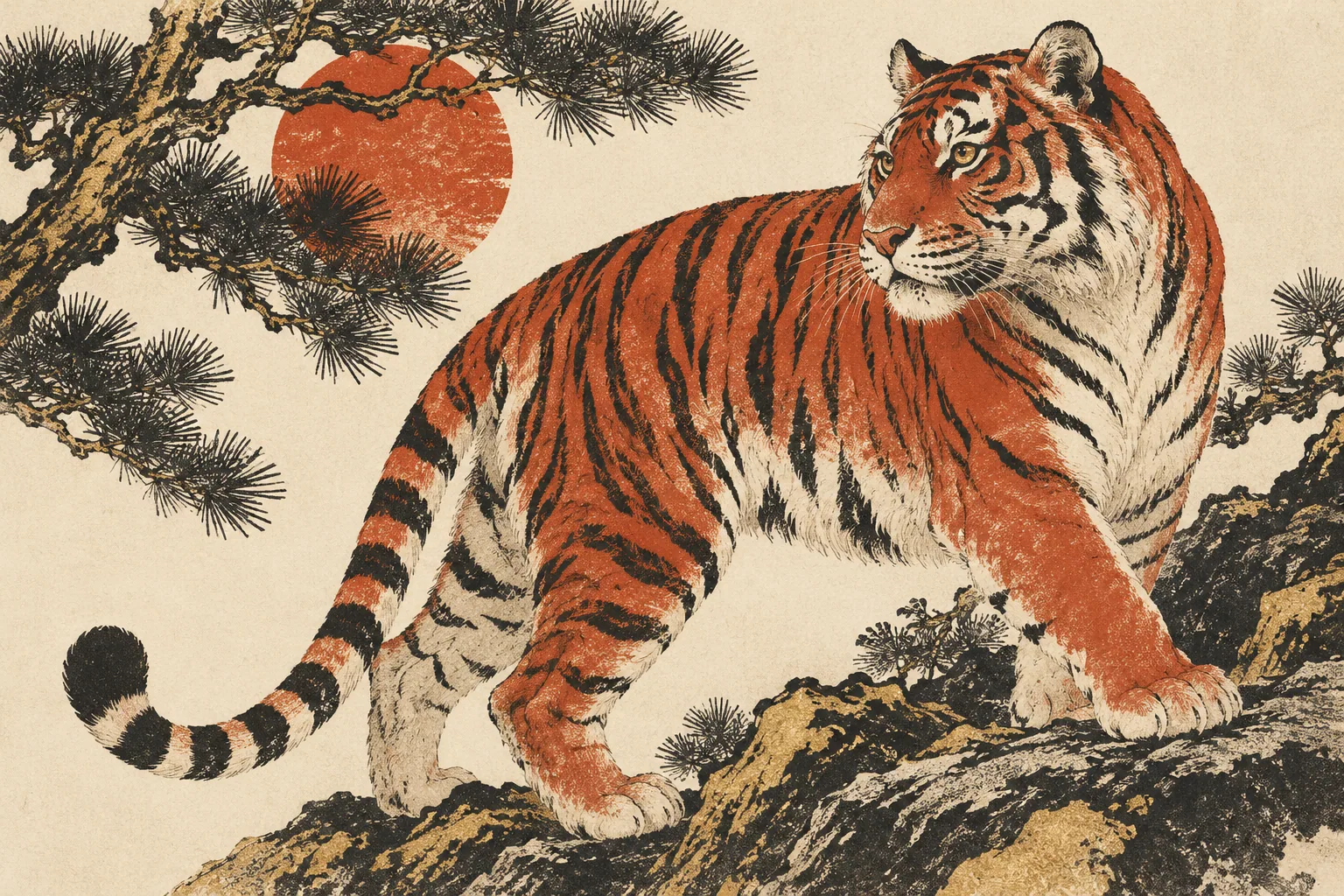 生肖虎的木刻風格插畫。